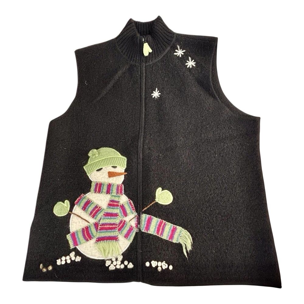 Coldwater Creek Wool Snowman Sweater Vest Black Full Zip Mock Neck